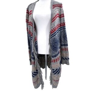 American Eagle Boho Southwestern Fringe Cardigan Duster Gray Red Blue Tribal